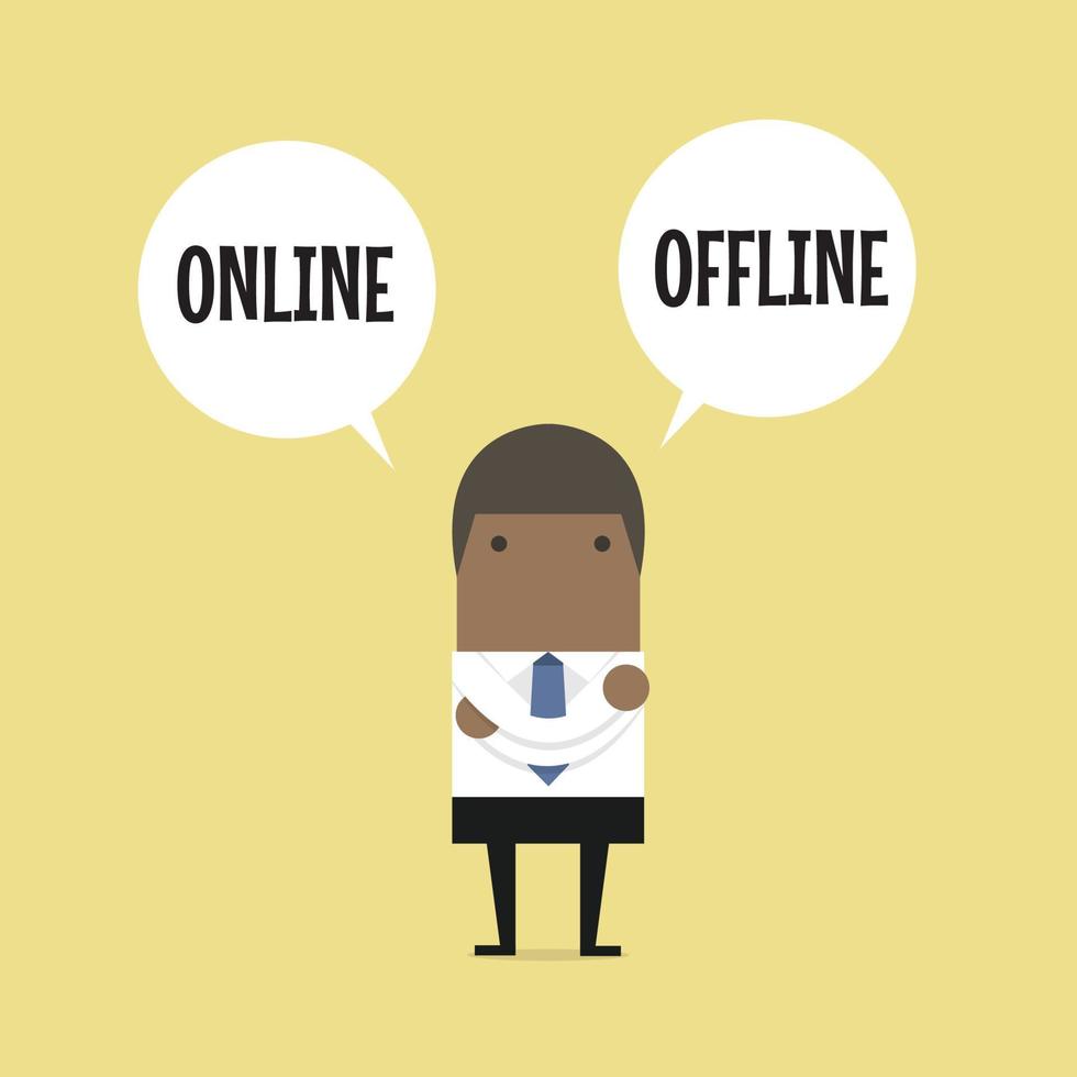 uomo d'affari africano in piedi confuso per scegliere tra due opzioni online o offline. vettore