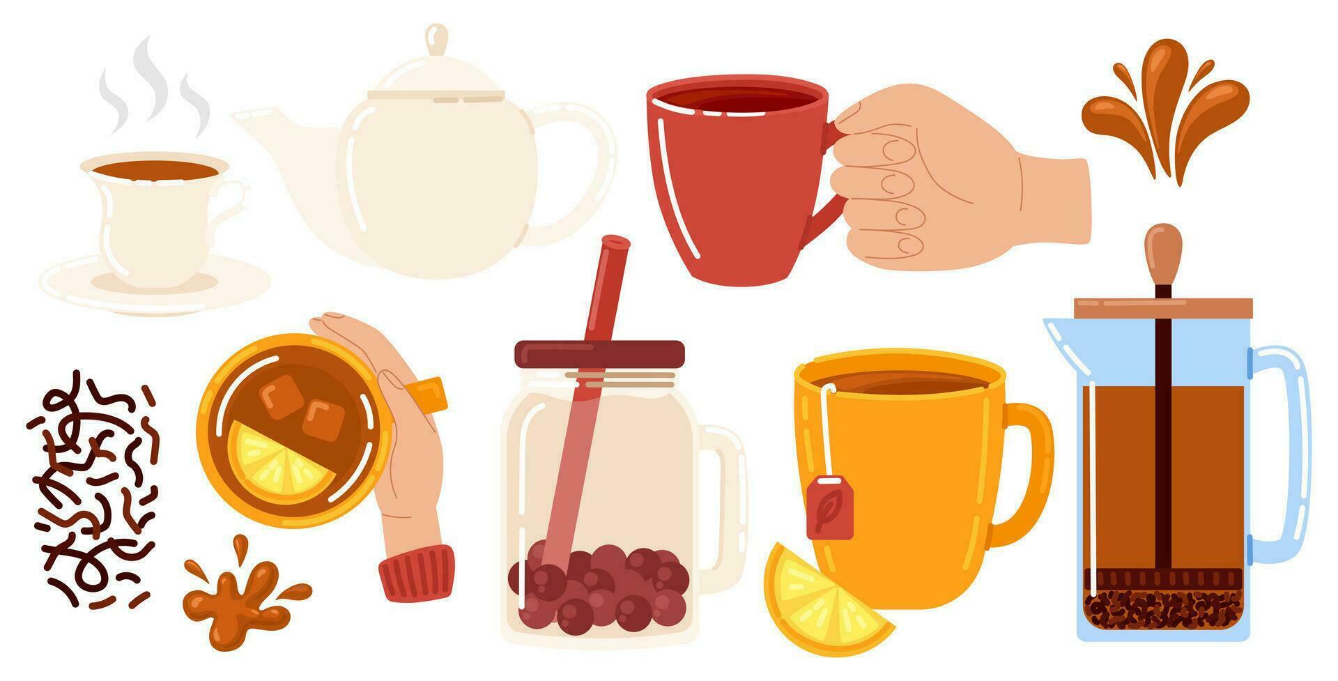 tè collezione. tazze con Tè, tazze, ceramica e bicchiere teiera, bollitore. tè festa. tè volta. vettore illustrazione nel scarabocchio stile
