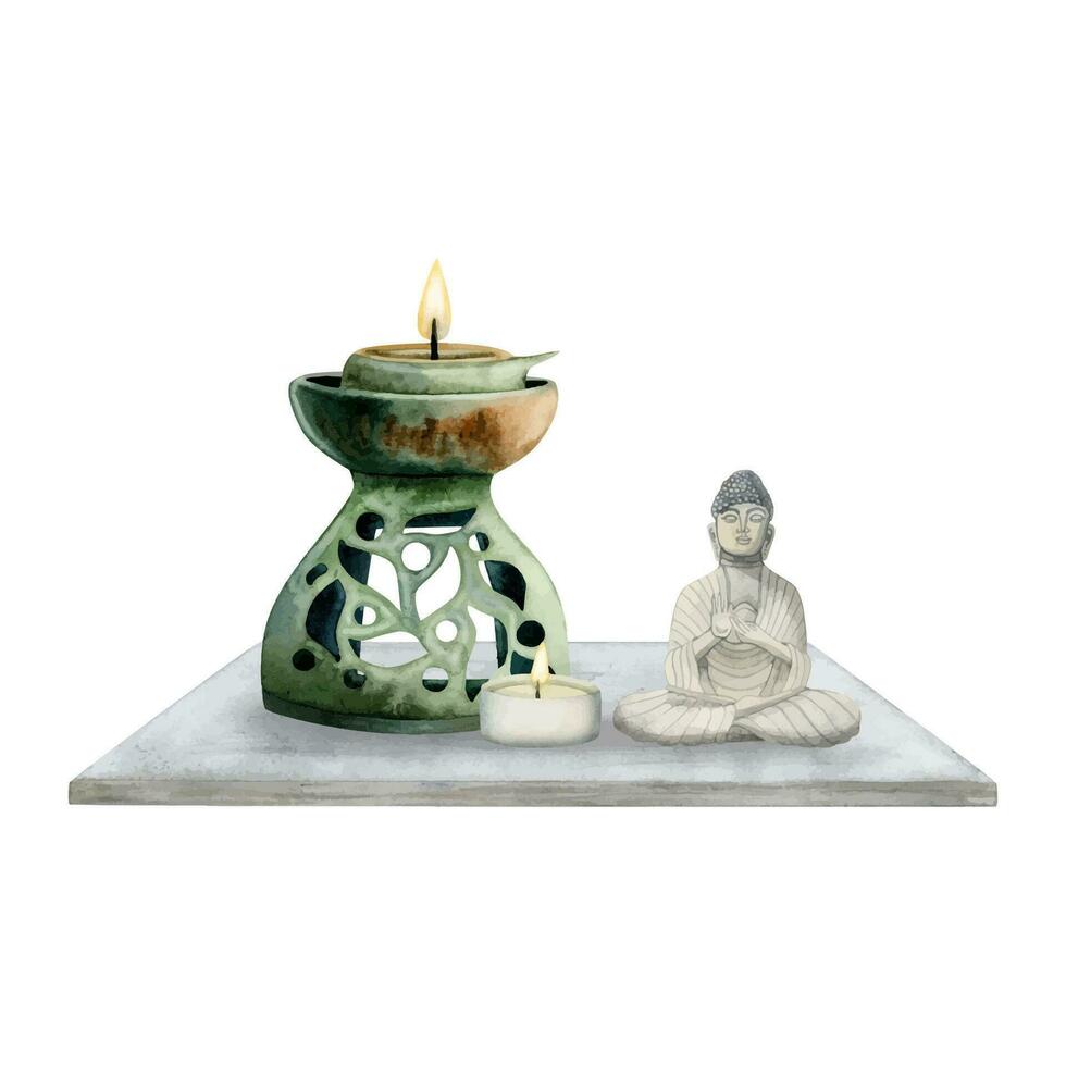 aromaterapia lampada con candele e Budda figurina vettore