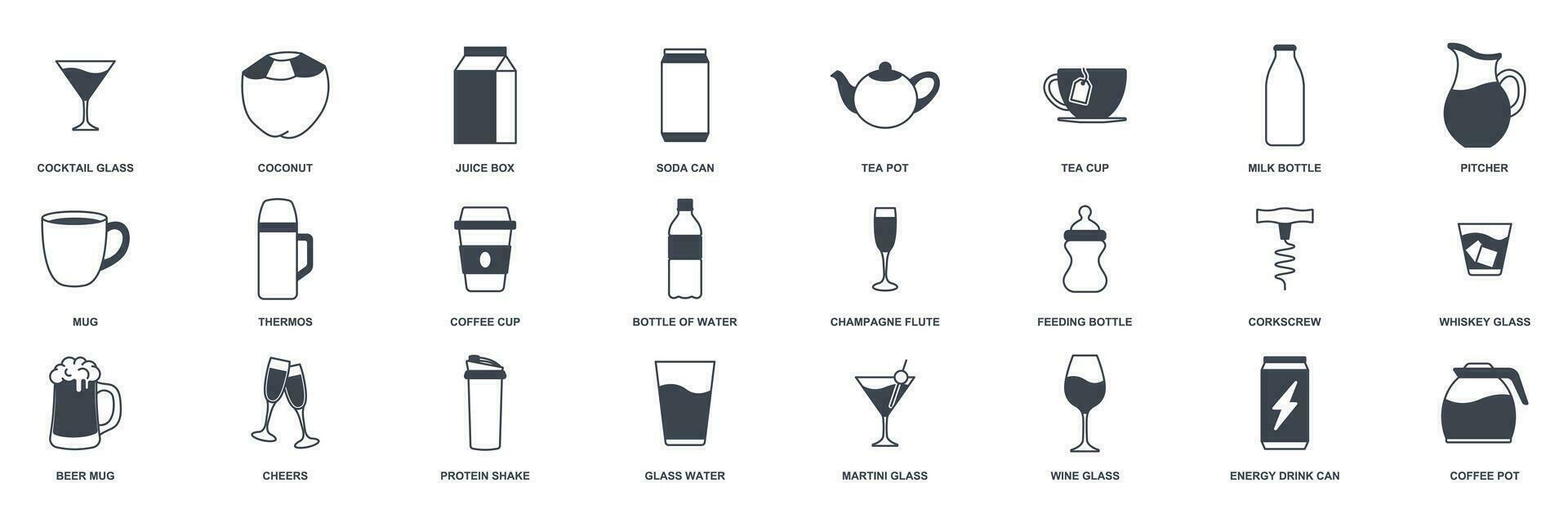 bevanda icona impostare, incluso icone come birra tazza, cartella, tè pentola, latte bottiglia e Di Più simboli collezione, logo isolato vettore illustrazione