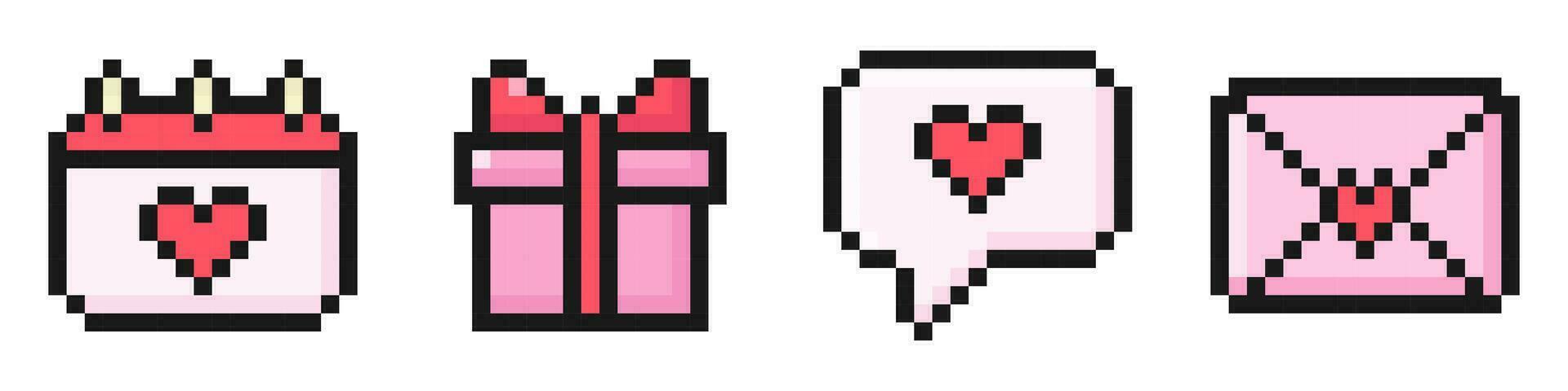 San Valentino giorno pixel impostato di icone, Vintage ▾, 8 morso, anni 80, anni 90 portico gioco stile, icone per gioco o mobile app, dialogo, lettera, calendario, regalo, vettore illustrazione