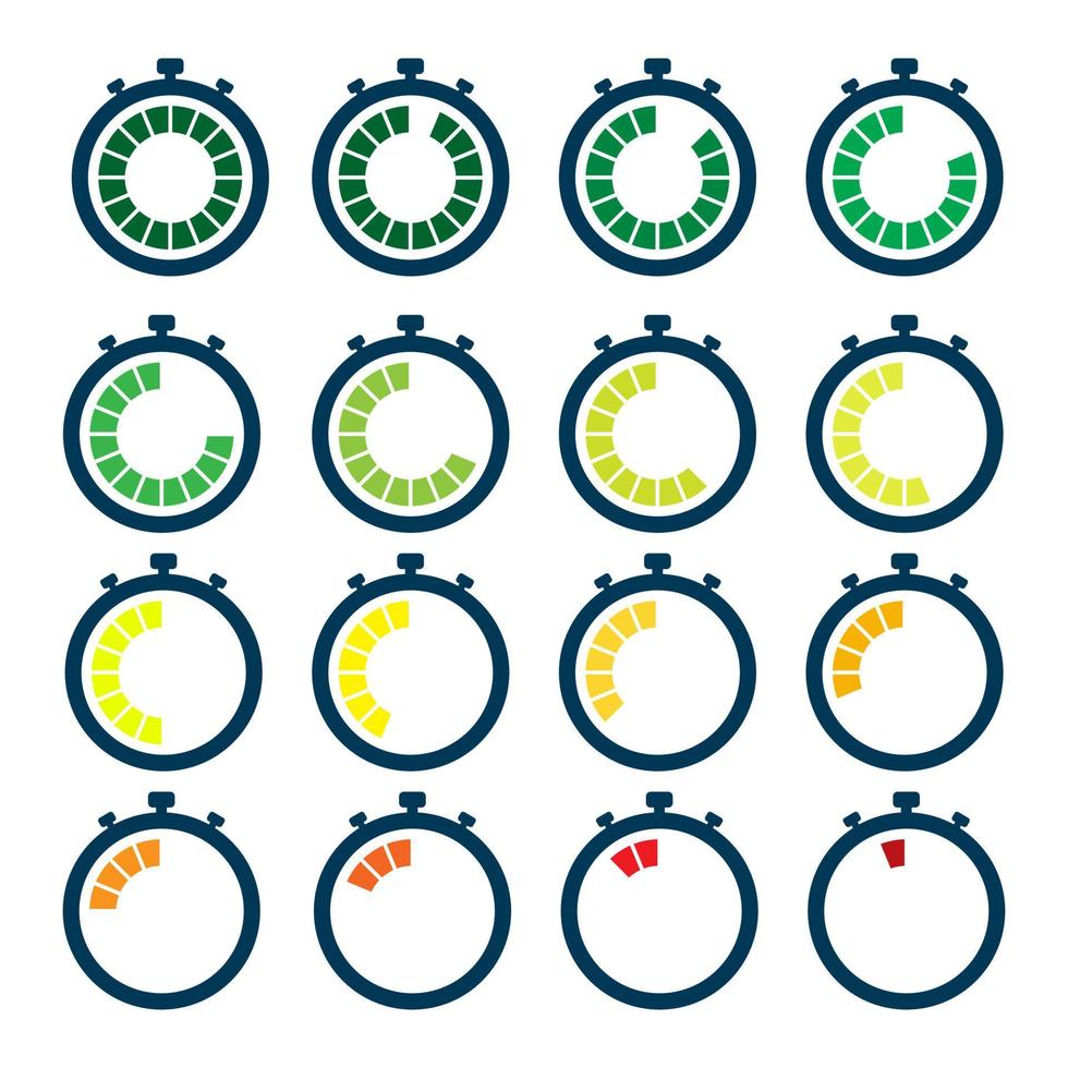 set di icone del conto alla rovescia. la sequenza temporale viene eseguita fino allo scadere del tempo. perfetto per gli elementi di design dell'infografica di temporizzazione, allarmi e timestamp. vettore