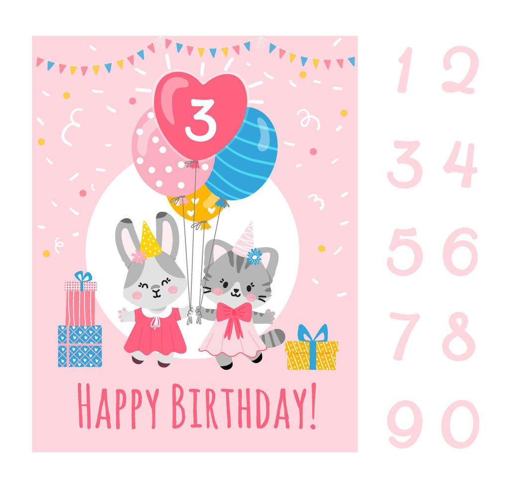 modello di carta festa di compleanno con numeri, coniglietto e gattino che tengono palloncini. Illustrazione piatta di vettore. vettore