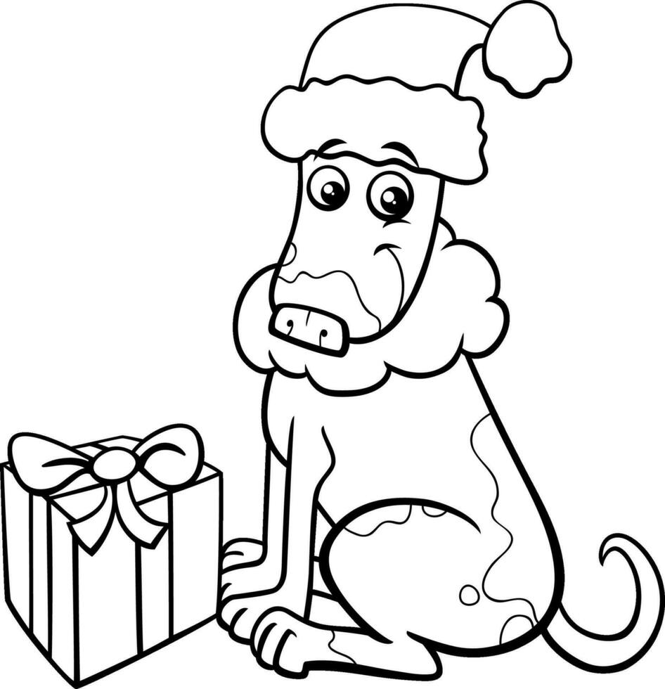 divertente cartone animato cane con Natale regalo colorazione pagina vettore
