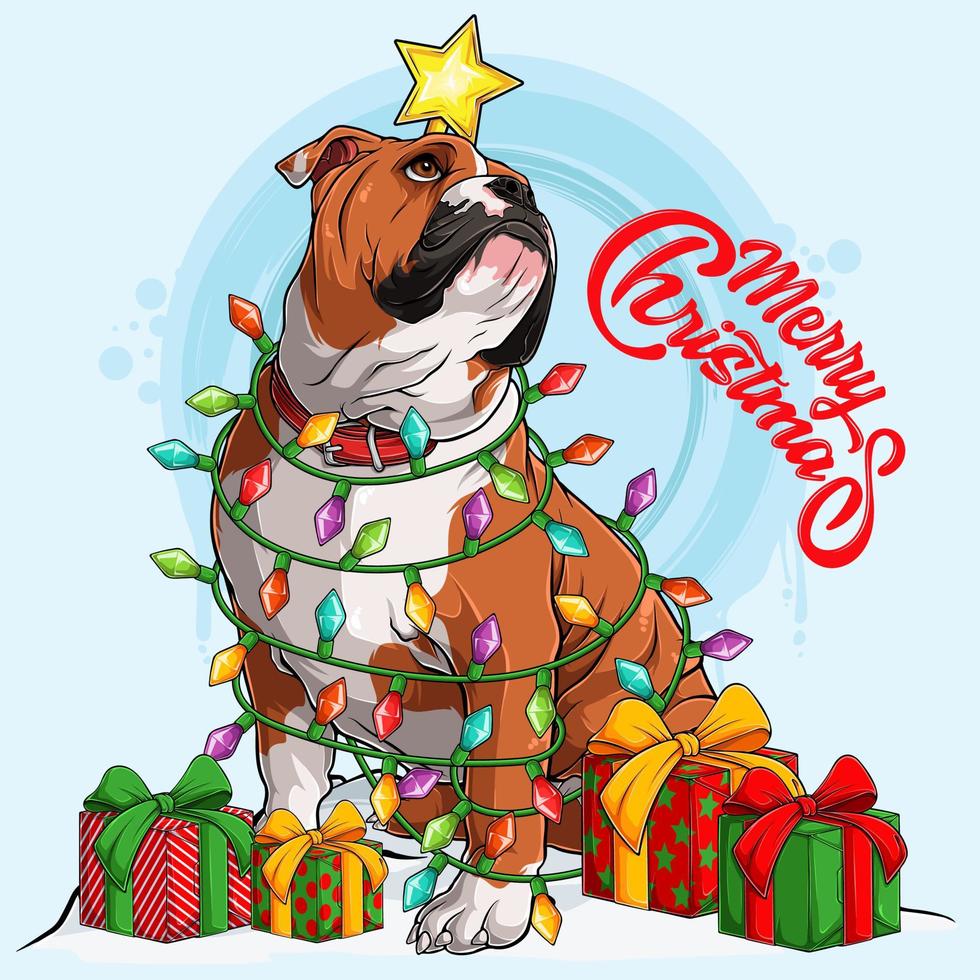 Bulldog inglese dog sitter e circondato da luci dell'albero di Natale e regali ai suoi lati vettore