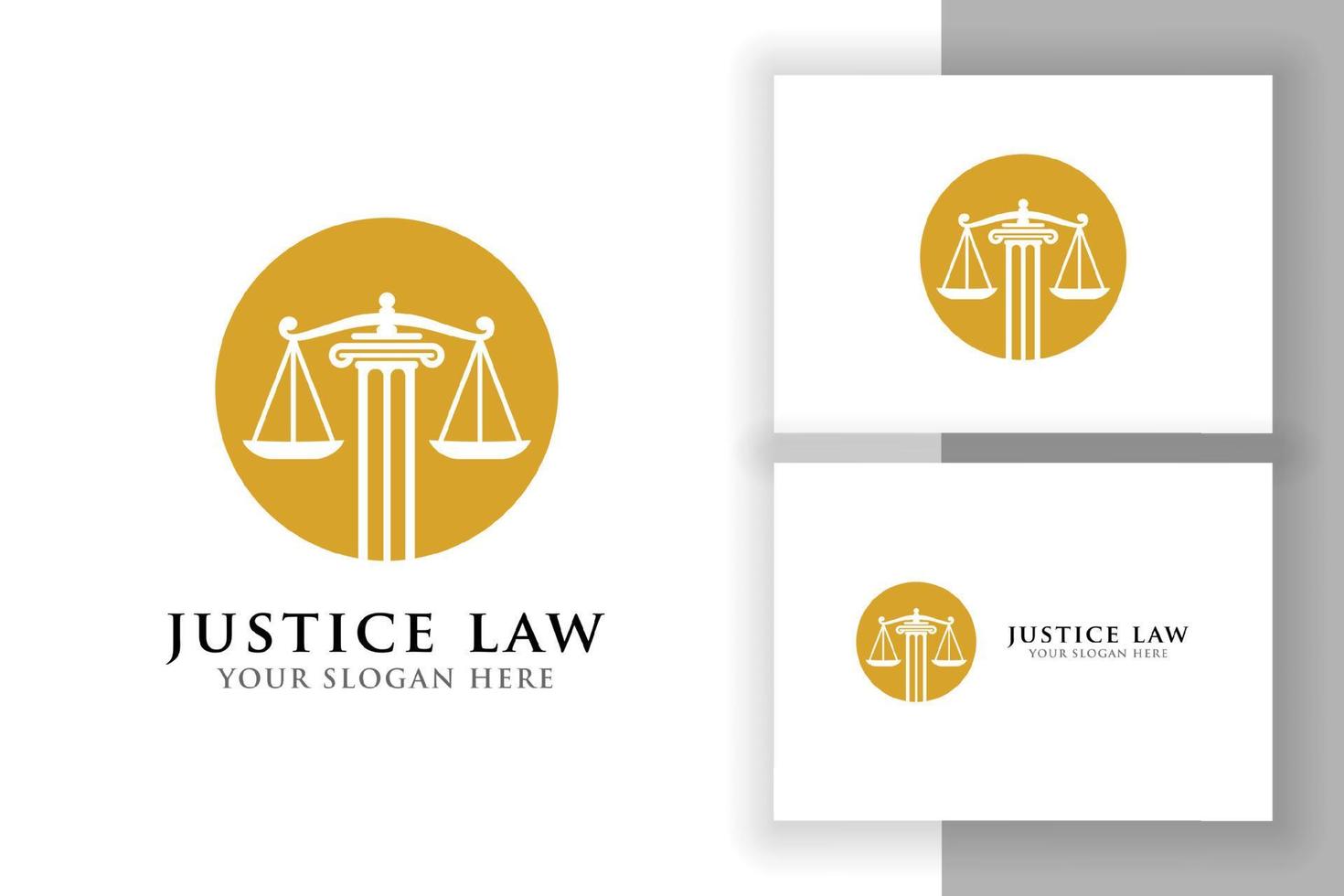 modello di progettazione del logo della legge della giustizia. disegno vettoriale logo avvocato. scale e pilastro illustrazione vettoriale logo nel cerchio