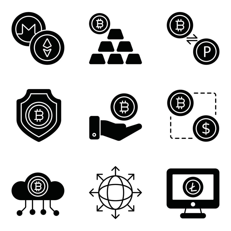 set di icone di glifi di criptovaluta vettore