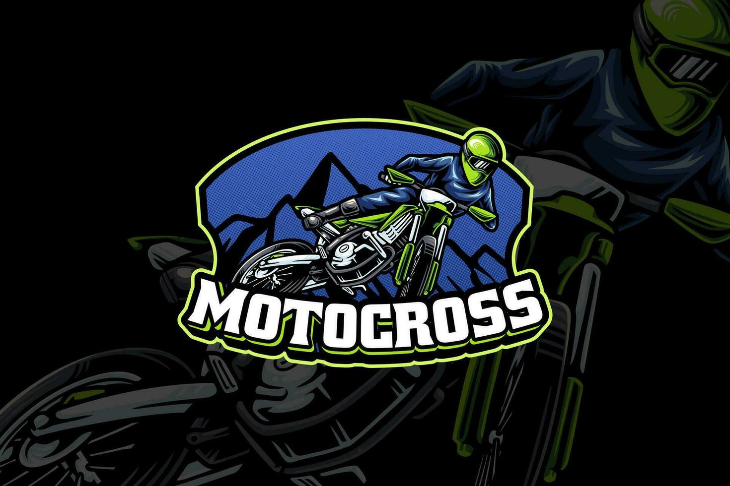 motocross corridore con sfondo montagna esport portafortuna logo design per sport e avventura vettore