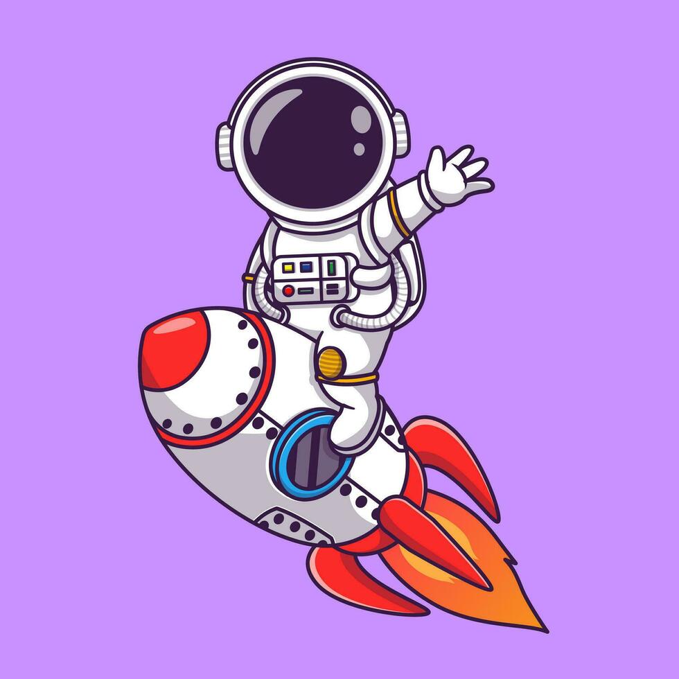 carino astronauta equitazione razzo nel spazio con agitando mano cartone animato vettore icona illustrazione