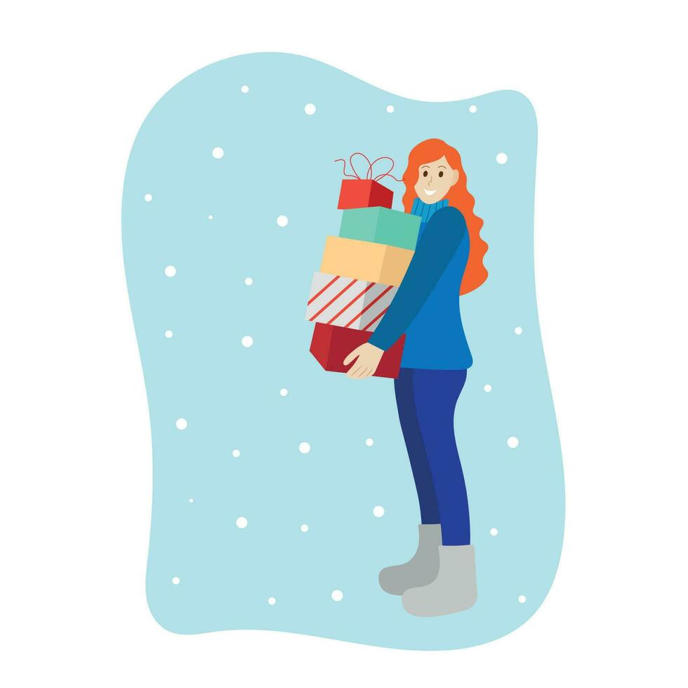 contento ragazza con i regali, isolato su bianca, piatto vettore, Natale, inverno illustrazione vettore
