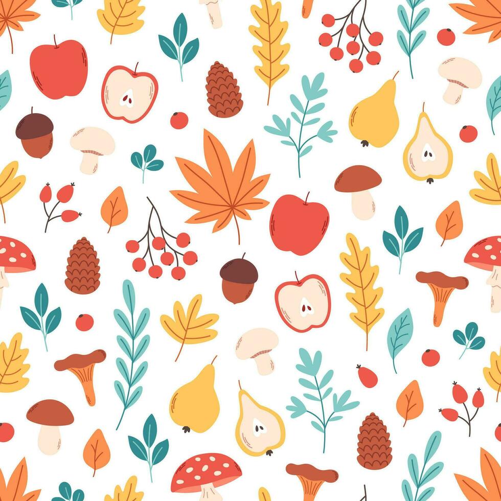 senza soluzione di continuità modello con autunno foglie, impianti, funghi, frutta. autunno stagione, Ciao autunno. vettore illustrazione nel piatto stile