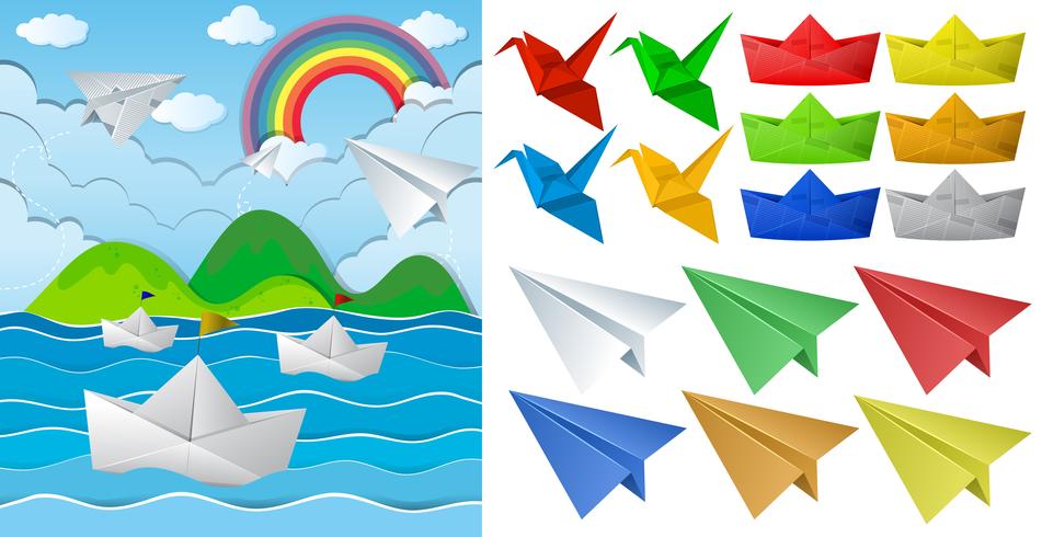 Ocean scne e origami di carta in diversi oggetti vettore