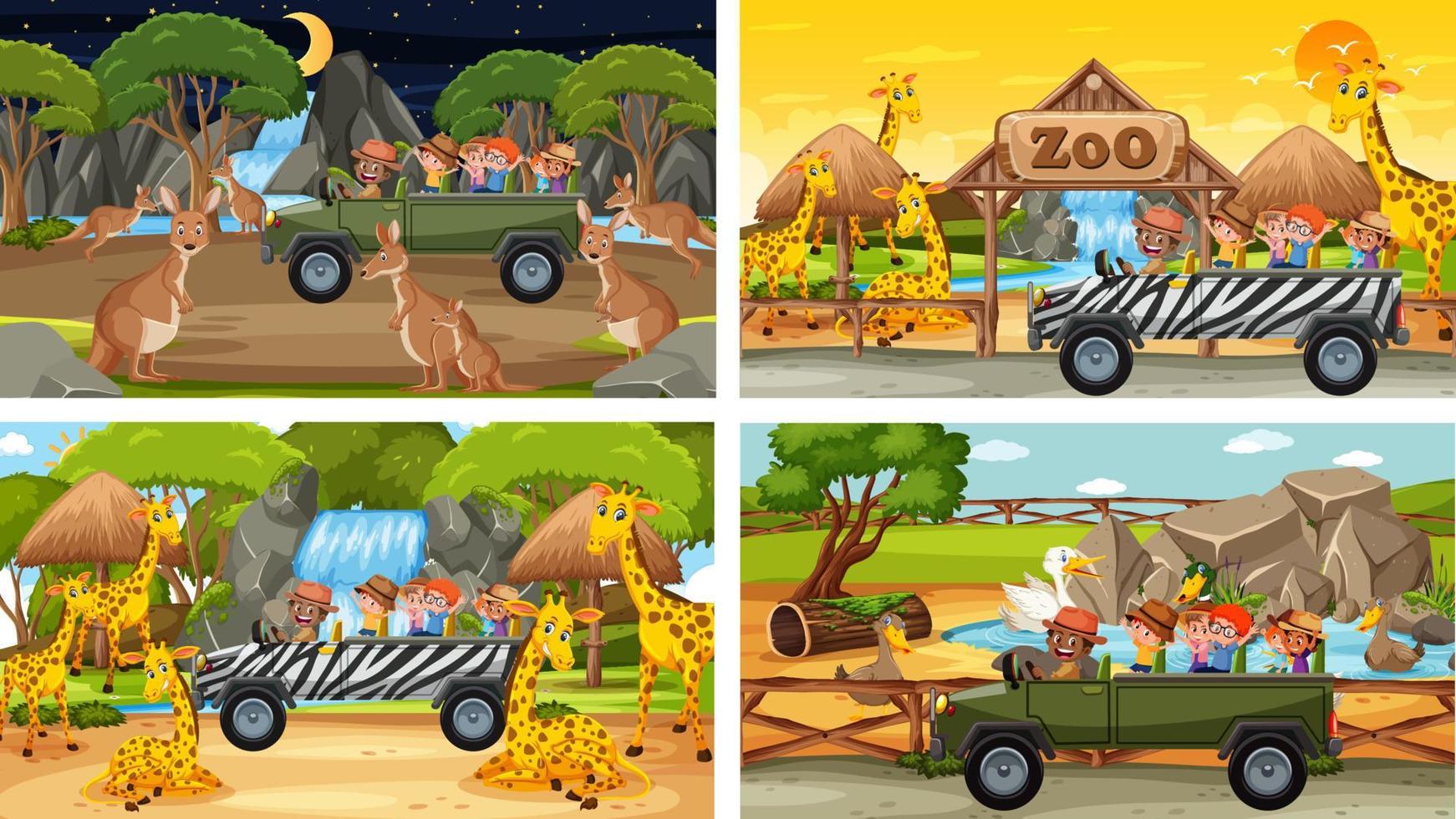 set di diverse scene di safari con animali e personaggi dei cartoni animati per bambini vettore