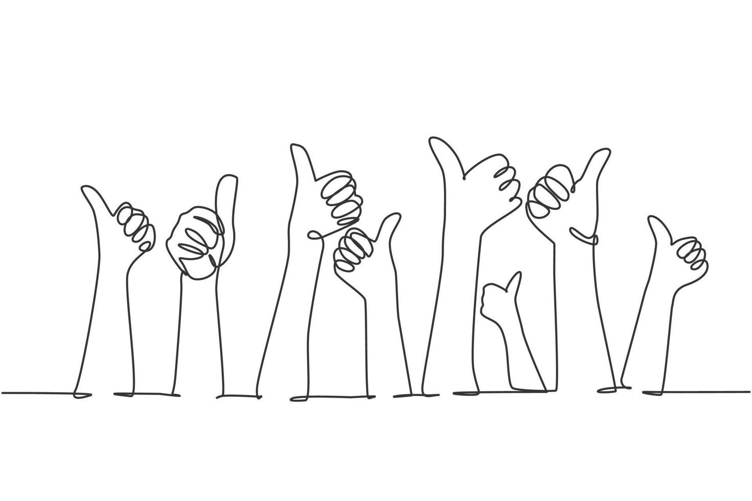 un disegno a tratteggio delle mani del braccio delle persone che si alzano con il gesto del pollice in alto. buon servizio di eccellenza nel concetto di segno del settore aziendale. illustrazione vettoriale di disegno grafico di disegno di linea continua