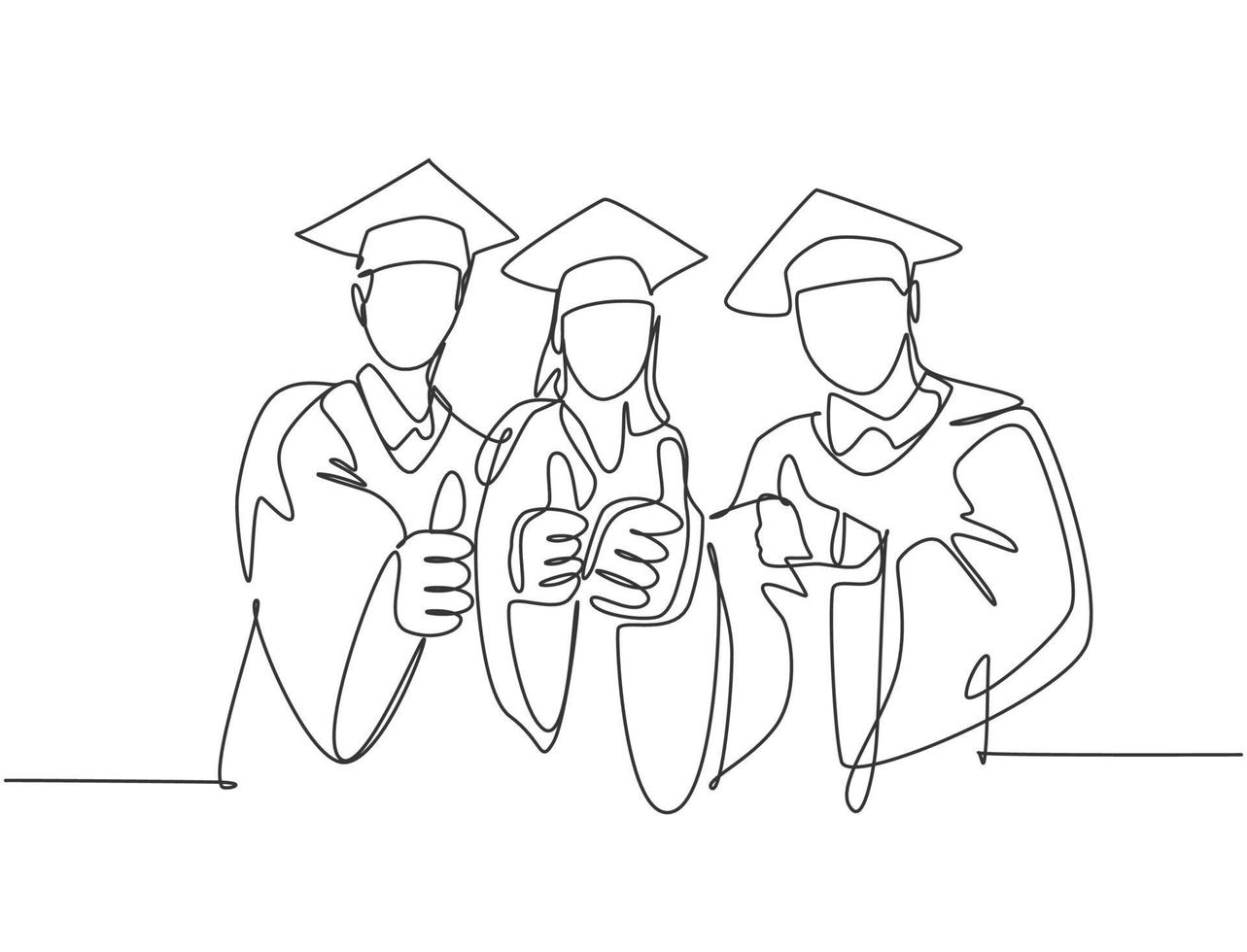 un disegno a tratteggio di giovani studenti universitari laureati felici che indossano un abito da laurea e che danno il gesto dei pollici. concetto di laurea di istruzione. illustrazione vettoriale grafica di disegno di disegno di linea continua