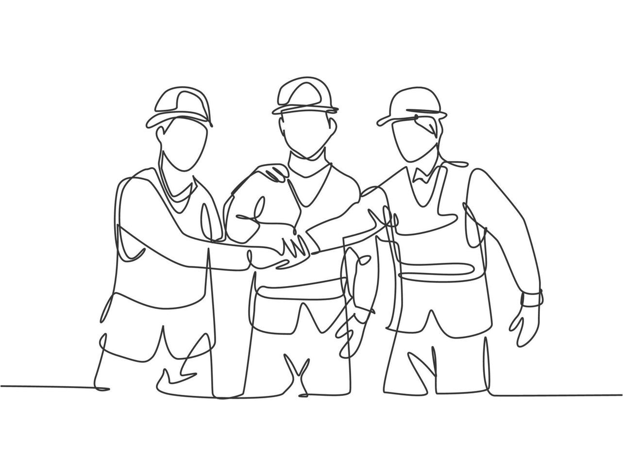 un disegno a tratteggio di giovane costruttore e architetto che indossa giubbotto da costruzione e stretta di mano del casco che unisce le mani insieme. grande concetto di lavoro di squadra. illustrazione grafica vettoriale di disegno a linea continua