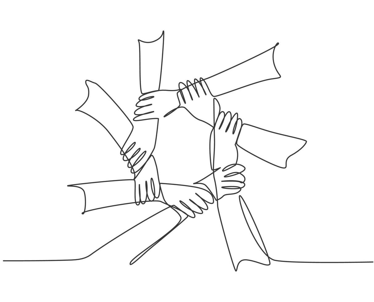 un disegno a tratteggio del gesto della mano che fa rete ad anello circolare. disegno a linea continua dello stile di design del lavoro di squadra. illustrazione vettoriale di concetto di affari