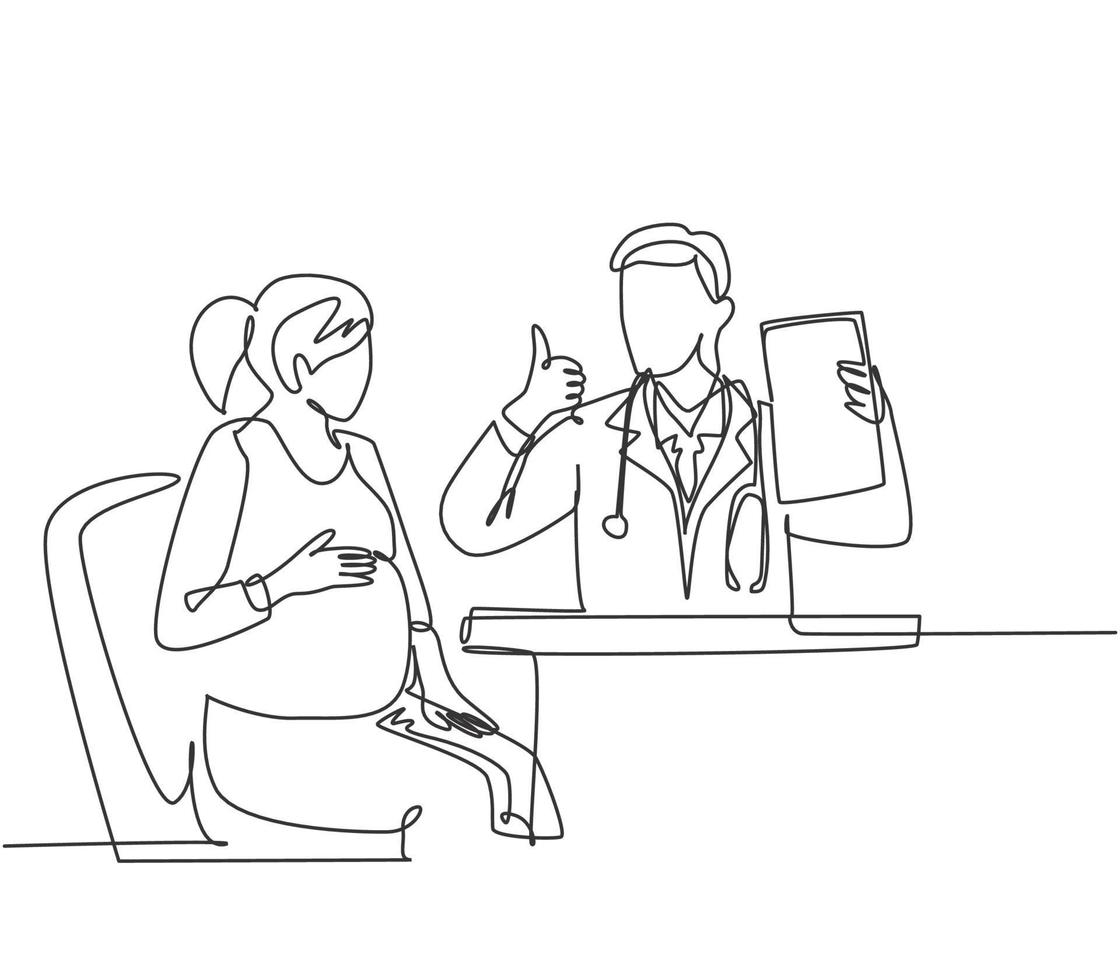 un disegno a tratteggio di un giovane medico ostetrico felice che controlla la mamma in gravidanza e dice un buon risultato in ospedale. concetto di servizio sanitario medico. illustrazione vettoriale di disegno di disegno di linea continua
