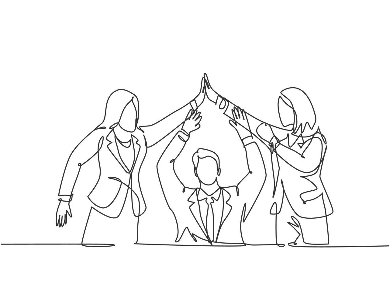 un gruppo di disegno a tratteggio di due giovani assistenti manager che celebrano il loro obiettivo successivo con il gesto del cinque. illustrazione grafica vettoriale di disegno di linea continua di concetto di affare di affari