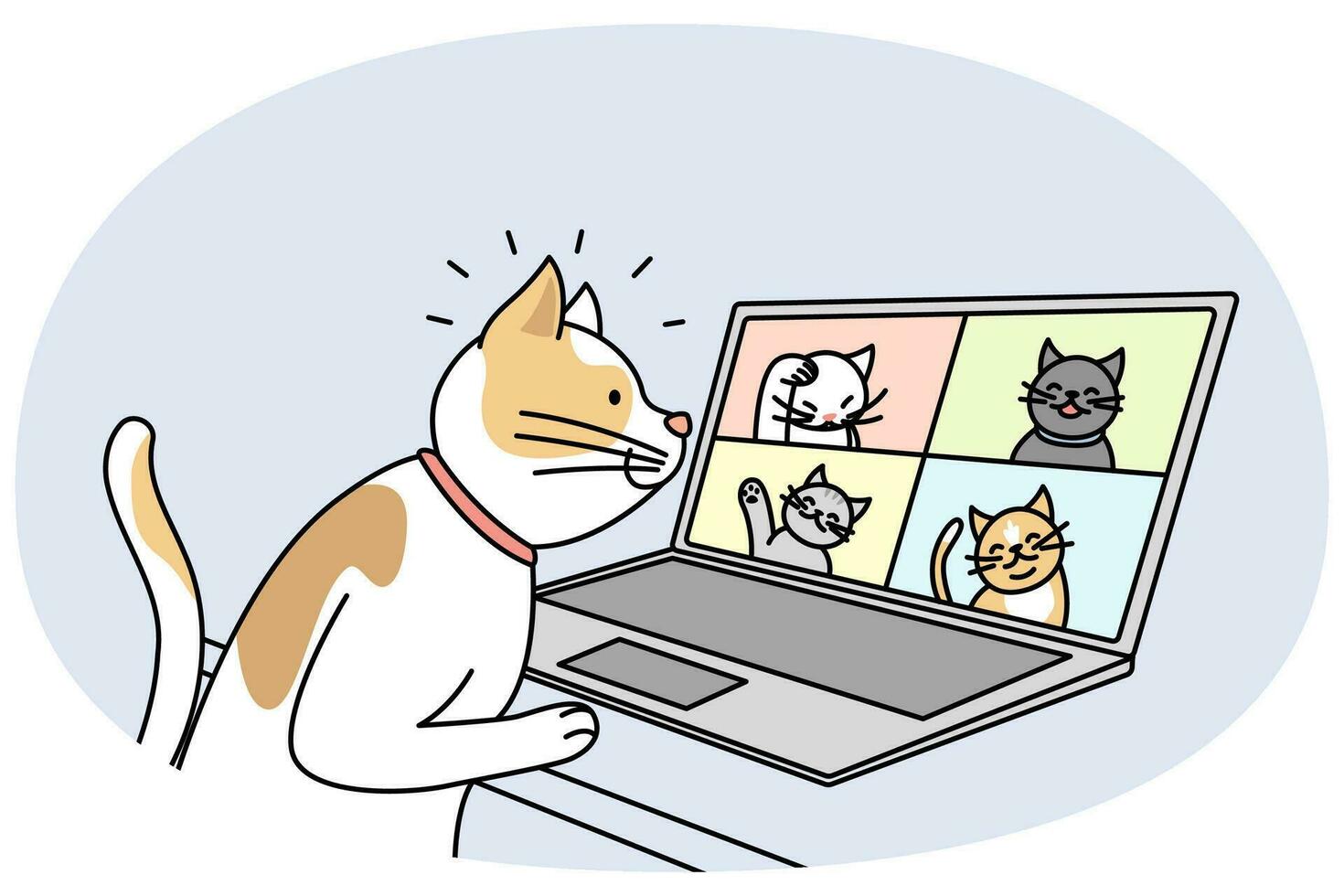 carino gatto parlare su video chiamata con gatti su computer. animale domestico avere webcam conversazione su il computer portatile con gattini. tecnologia concetto. vettore illustrazione.