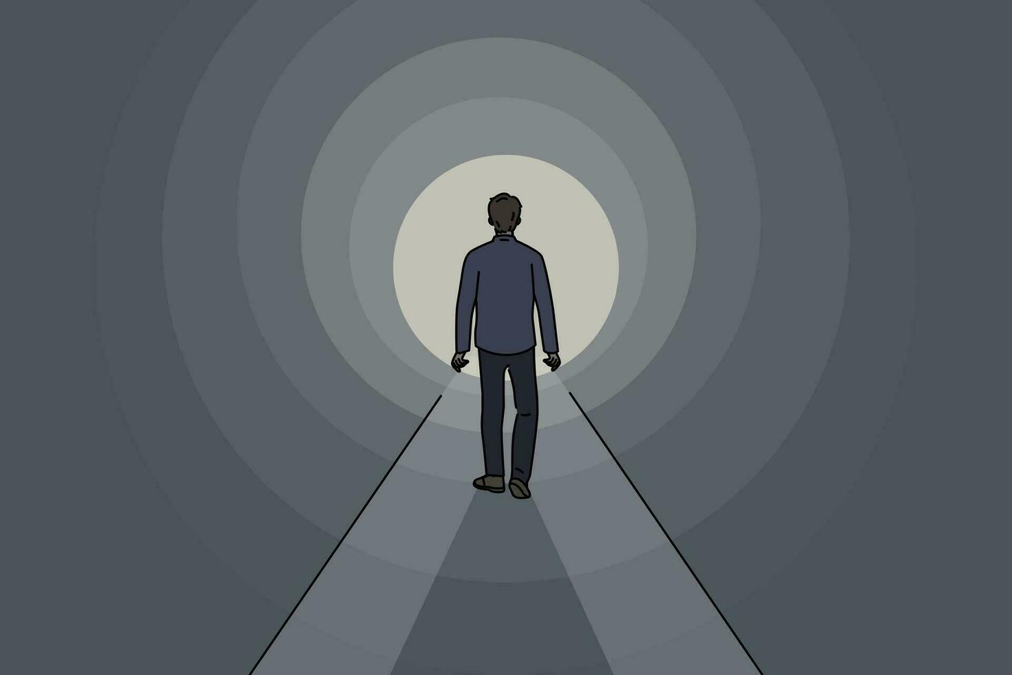 uomo passeggiate attraverso tunnel in direzione Uscita, sforzandosi per raggiungere successo e ottenere su problematico situazione vettore