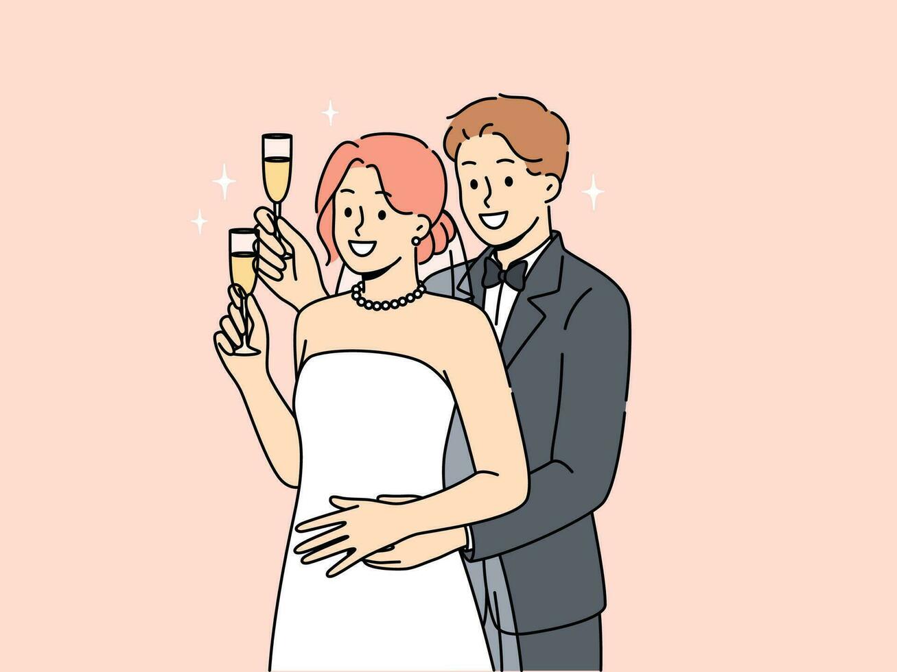 sposini uomo e donna In piedi nel abbraccio e hold bicchieri di Champagne durante nozze cerimonia vettore