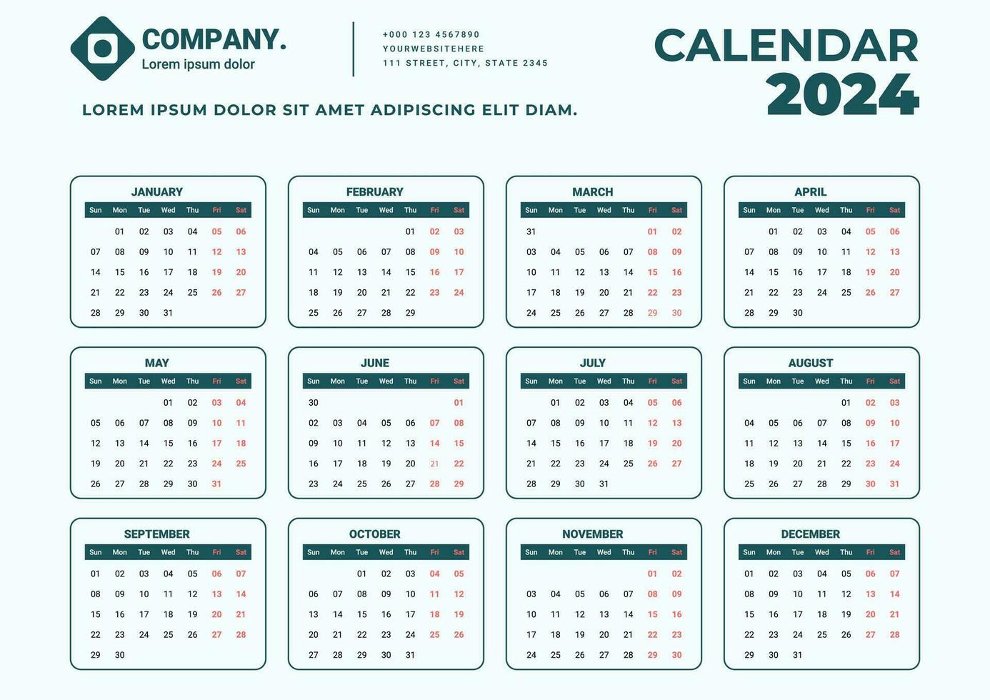 mensile calendario modello per il 2024 anno, 12 mesi, minimalista stile, una pagina calendario vettore