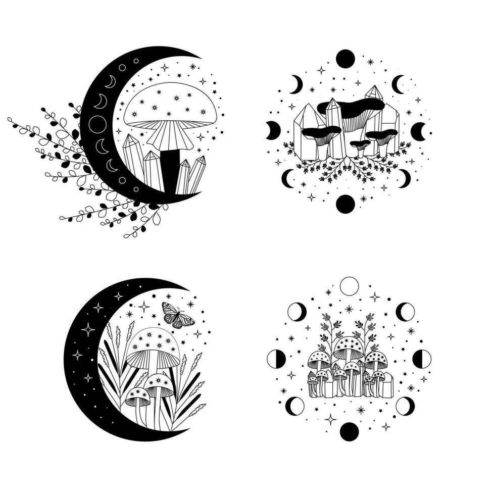 celeste mistico Luna collezioni. Magia e esoterico funghi. vettore illustrazioni.
