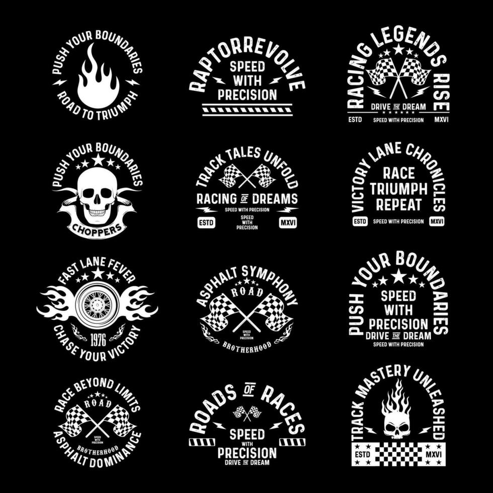 motociclo da corsa badge club emblemi maglietta design retrò da corsa tipografia grafica vettore
