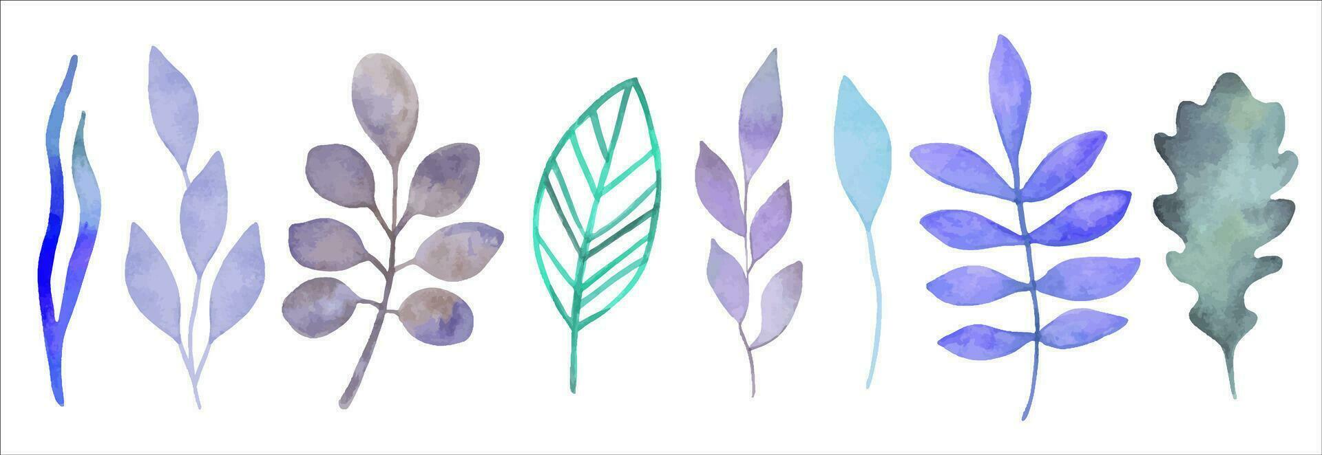 impostato di acquerello disegni di blu fogliame.botanico clipart nel inverno colori. semplice minimalista varia forme per design di carte, inviti, tessuti. mano disegnato isolato art.vettore. vettore