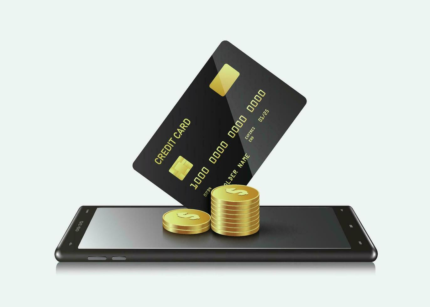 nero credito carta o ATM carta posto su smarthphone schermo e tutti oggetto su bianca sfondo vettore