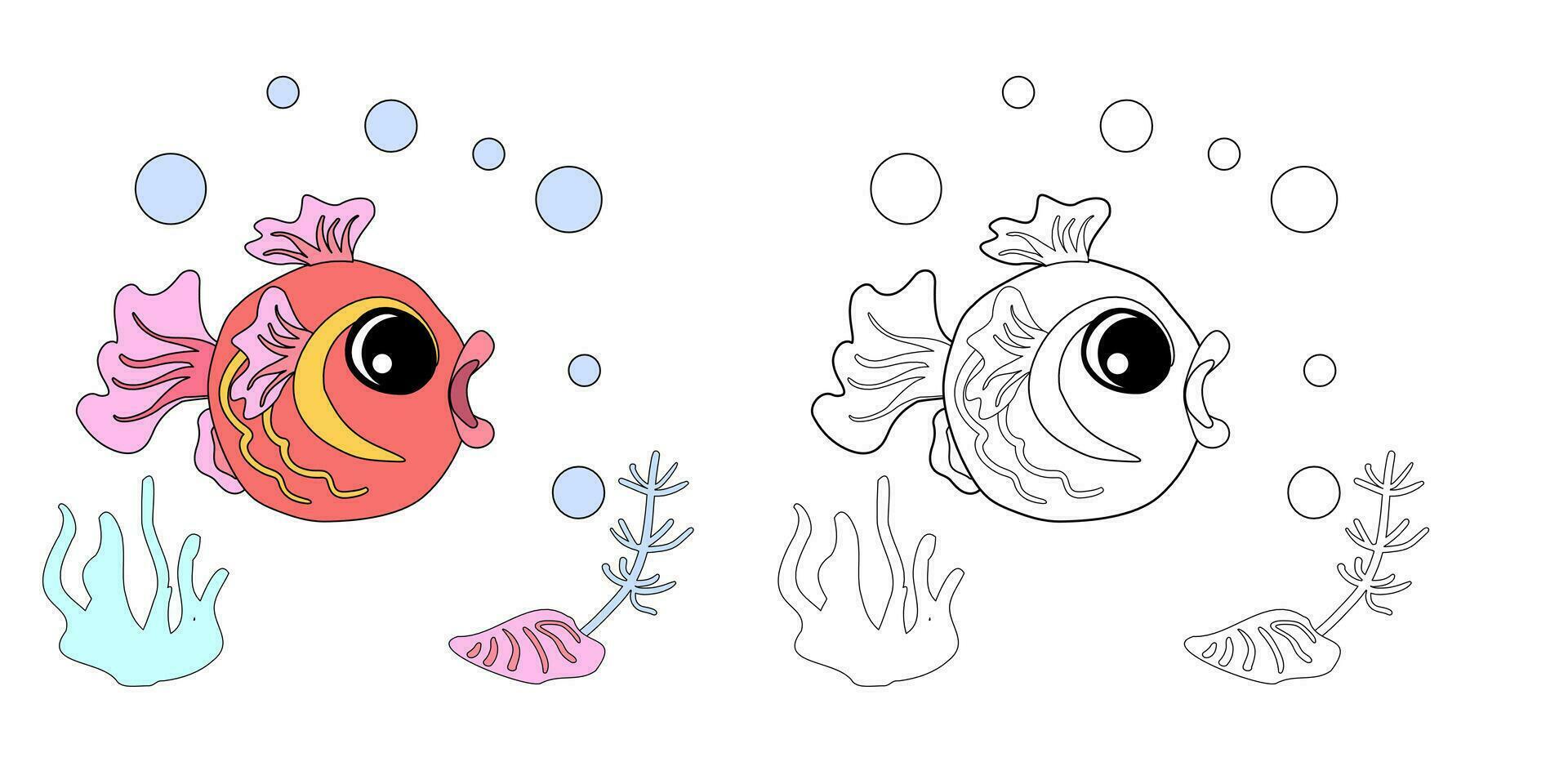 colorazione libro pesce rosso con conchiglie, bolle e alghe nel il oceano. per manifesti, stampe su Abiti. vettore