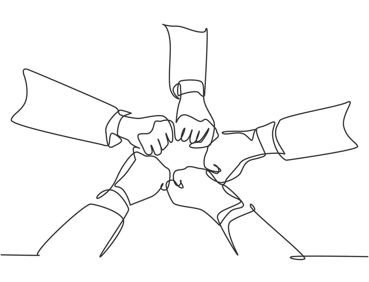 un gruppo di giovani uomini e donne d'affari che disegnano una linea continua uniscono le mani per formare una forma a cinque stelle. unità concetto di lavoro di squadra linea singola disegnare disegno vettoriale illustrazione