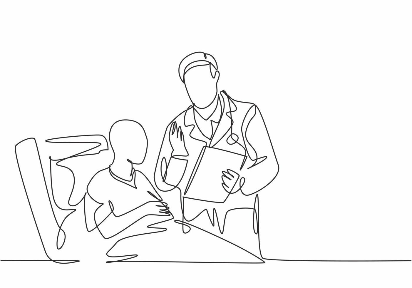 un disegno a tratteggio di un giovane medico maschio discute progressi positivi di salute con un vecchio malato di cancro che giace sul letto d'ospedale. concetto di assistenza medica illustrazione vettoriale di disegno di linea continua di disegno