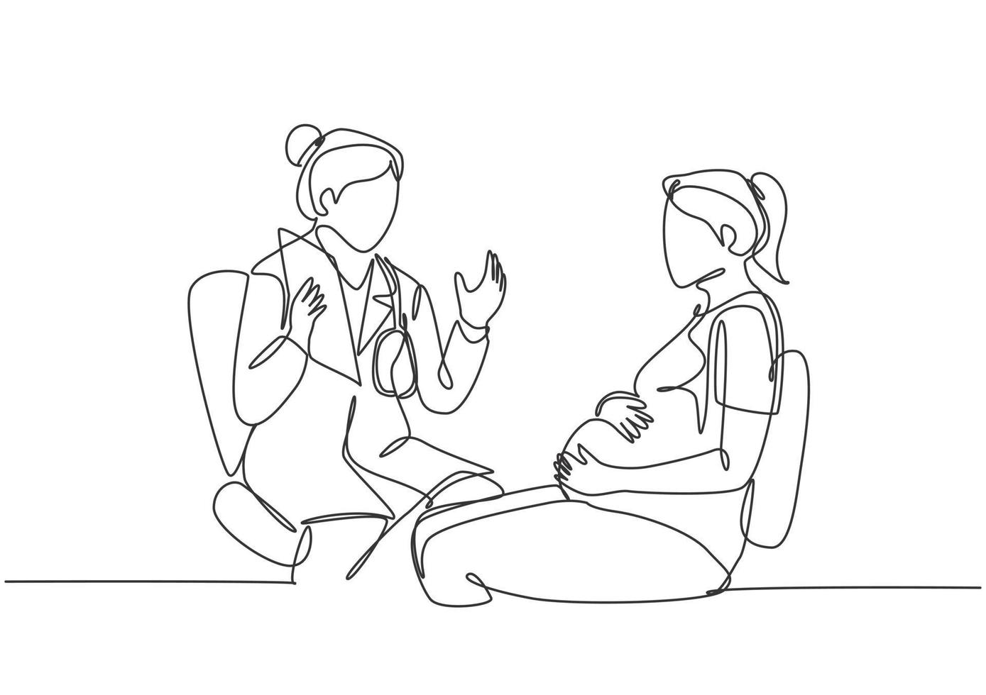 un unico disegno a tratteggio di ostetricia e ginecologia femminile che dà sessione di consultazione alla paziente incinta. concetto di assistenza sanitaria in gravidanza linea continua disegnare disegno vettoriale illustrazione