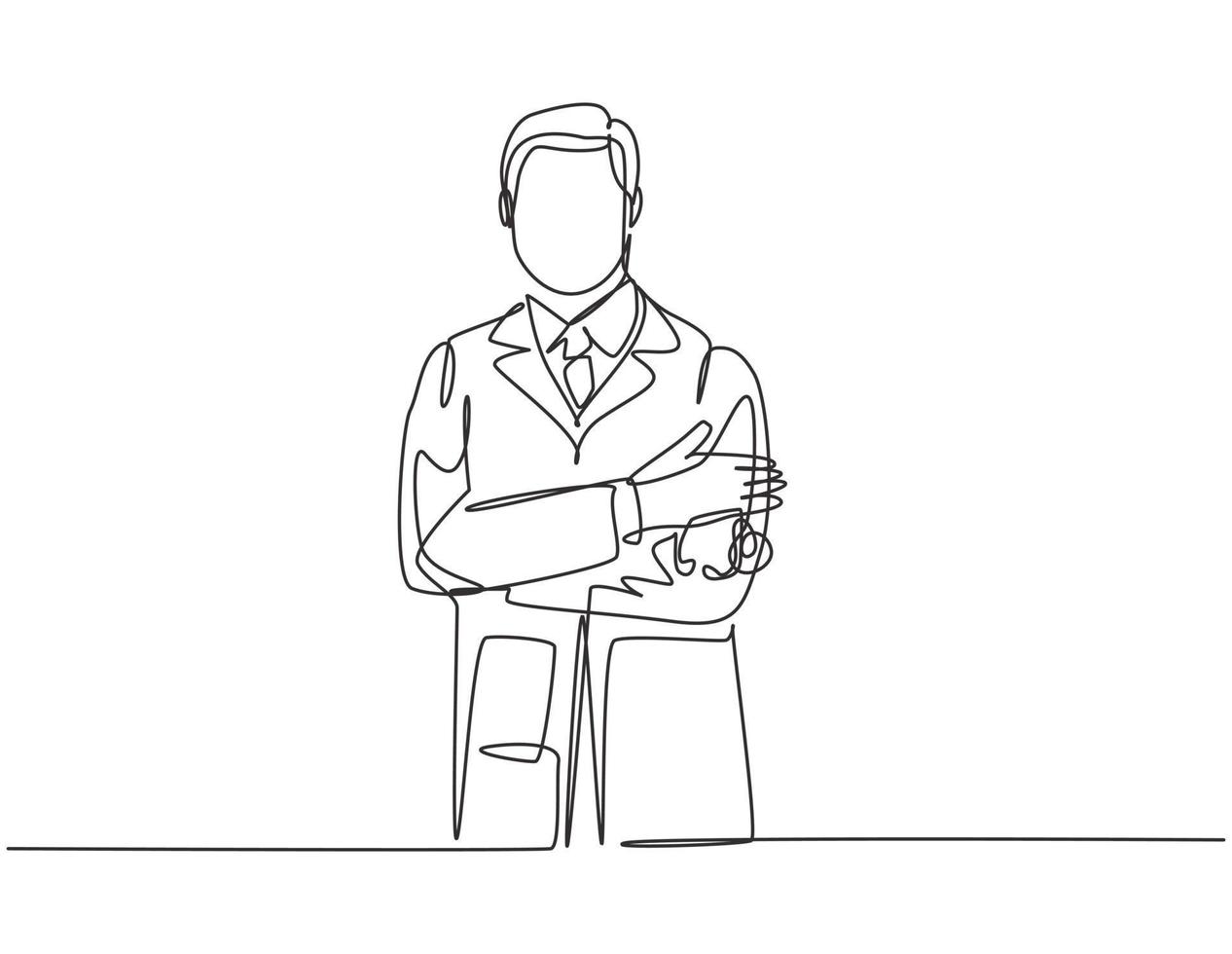 una singola linea di disegno di giovane medico maschio felice posa in piedi mentre tiene uno stetoscopio e incrocia le mani sul petto. concetto di servizio sanitario medico linea continua disegno disegno vettoriale illustrazione