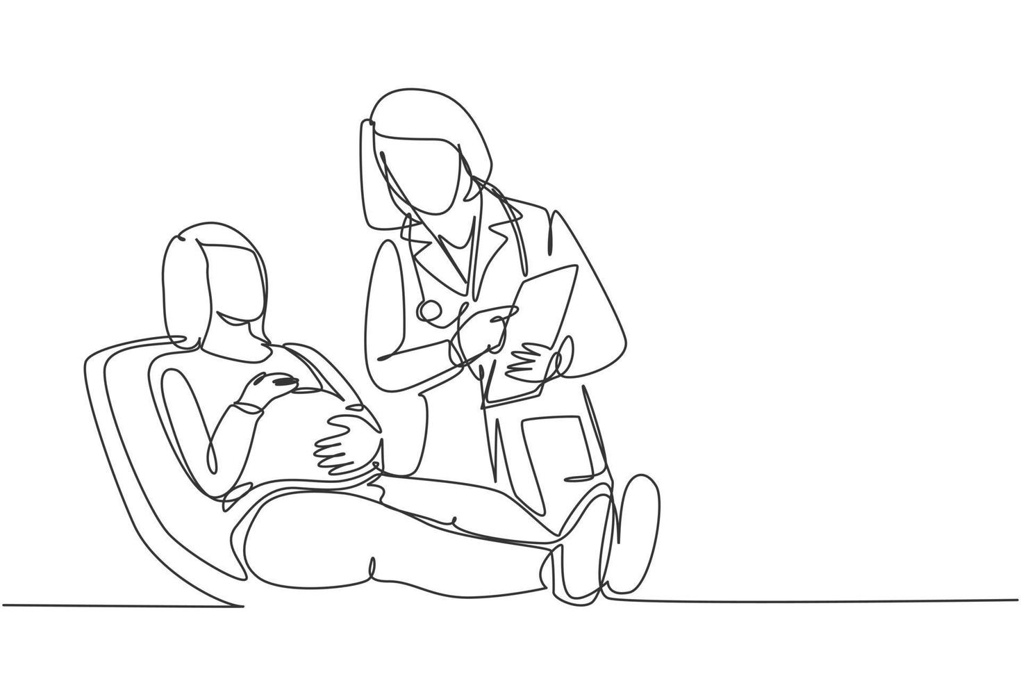 un disegno a tratteggio di una dottoressa ostetrica e ginecologica che parla con il paziente e spiega le condizioni dell'utero. concetto di assistenza sanitaria in gravidanza illustrazione vettoriale di disegno di linea continua di disegno