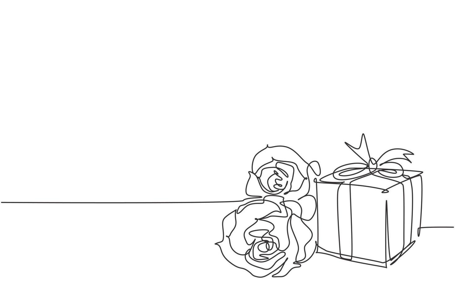 un disegno a linea continua di un bellissimo fiore di rosa e una confezione regalo con nastro adesivo. biglietto di auguri moderno, invito, logo, banner, poster concetto linea singola disegno grafico illustrazione vettoriale