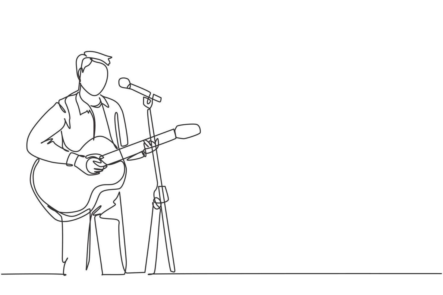 un disegno a tratteggio continuo di un giovane chitarrista maschio felice che suona la chitarra acustica e canta sul palco del festival musicale. musicista artista performance concetto linea singola disegnare disegno vettoriale illustrazione