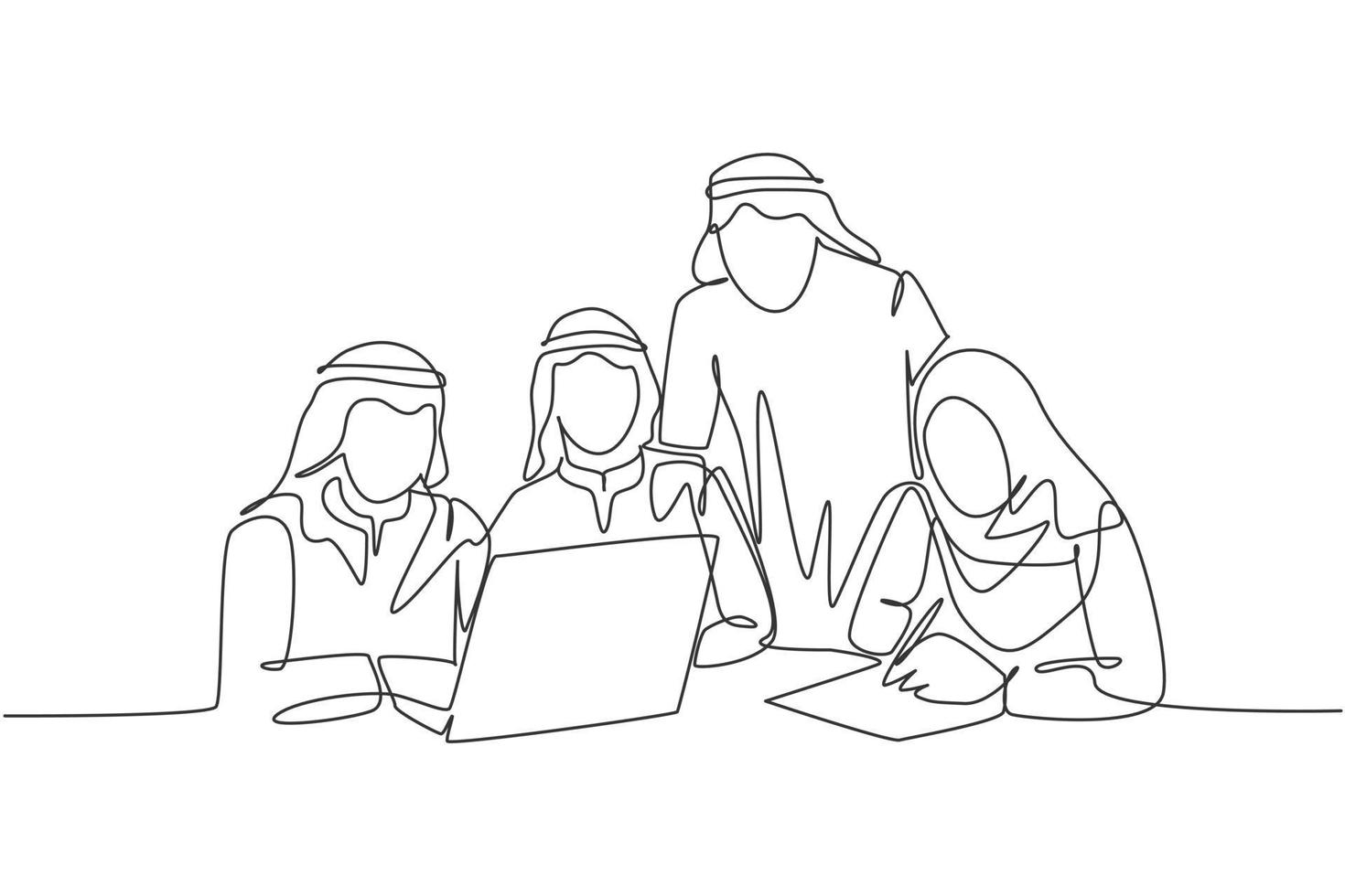 un disegno a tratteggio continuo di giovani membri del team di avvio musulmano che discutono seriamente della strategia di marketing. abbigliamento islamico shemag, kandura, sciarpa hijab, velo. illustrazione vettoriale di disegno a linea singola