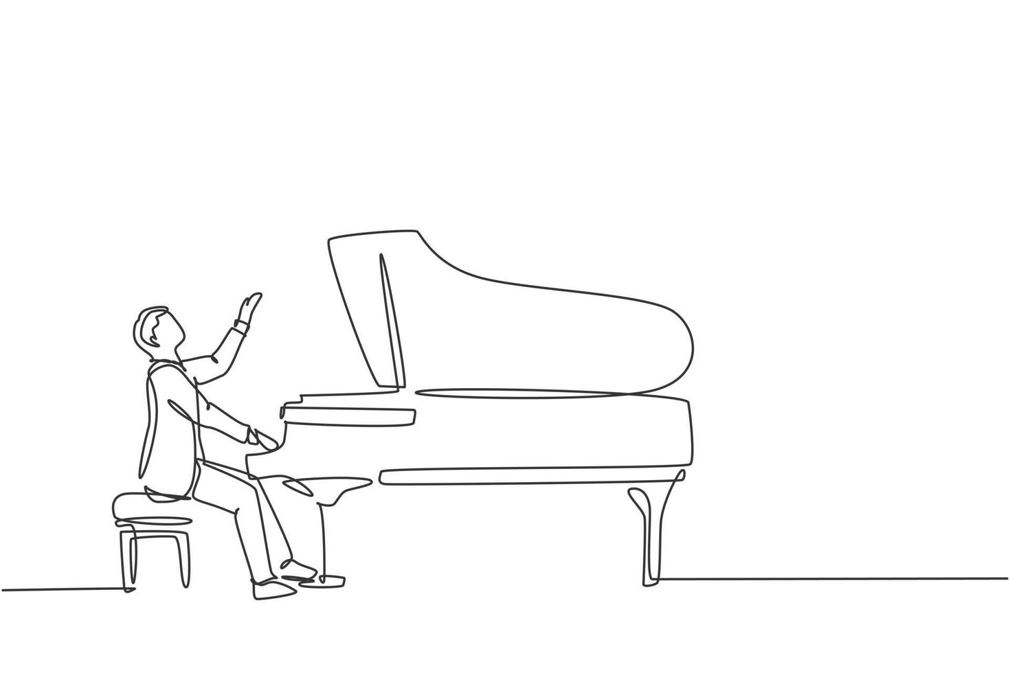 un disegno a tratteggio continuo di un giovane pianista maschio felice che suona un pianoforte a coda classico al festival del teatro dei concerti di musica. musicista artista performance concetto linea singola disegnare disegno vettoriale illustrazione