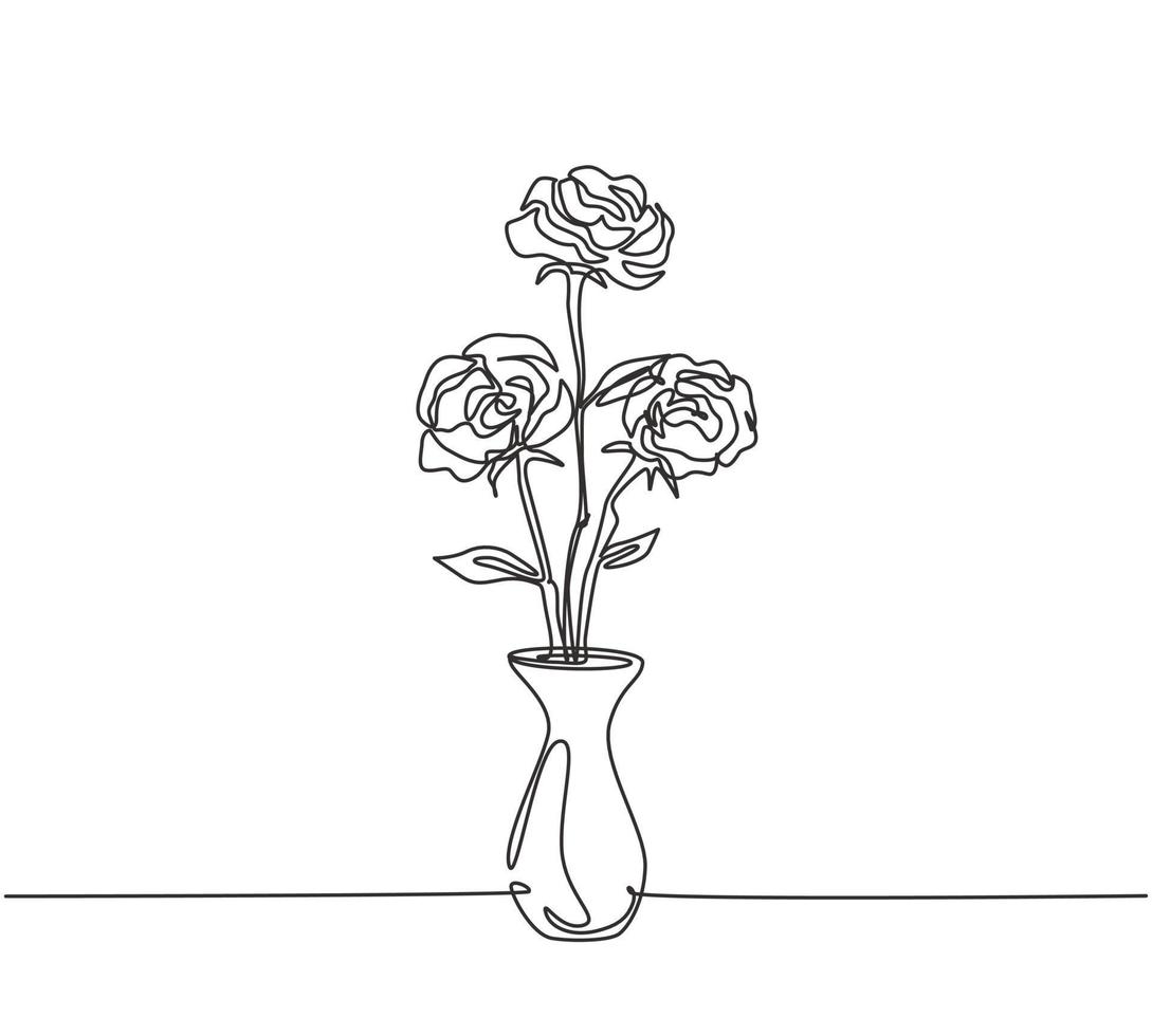 un disegno a tratteggio continuo di un bellissimo fiore rosa fresco su un vaso di porcellana. biglietto di auguri moderno, invito, logo, banner, poster concetto linea singola disegno grafico illustrazione vettoriale