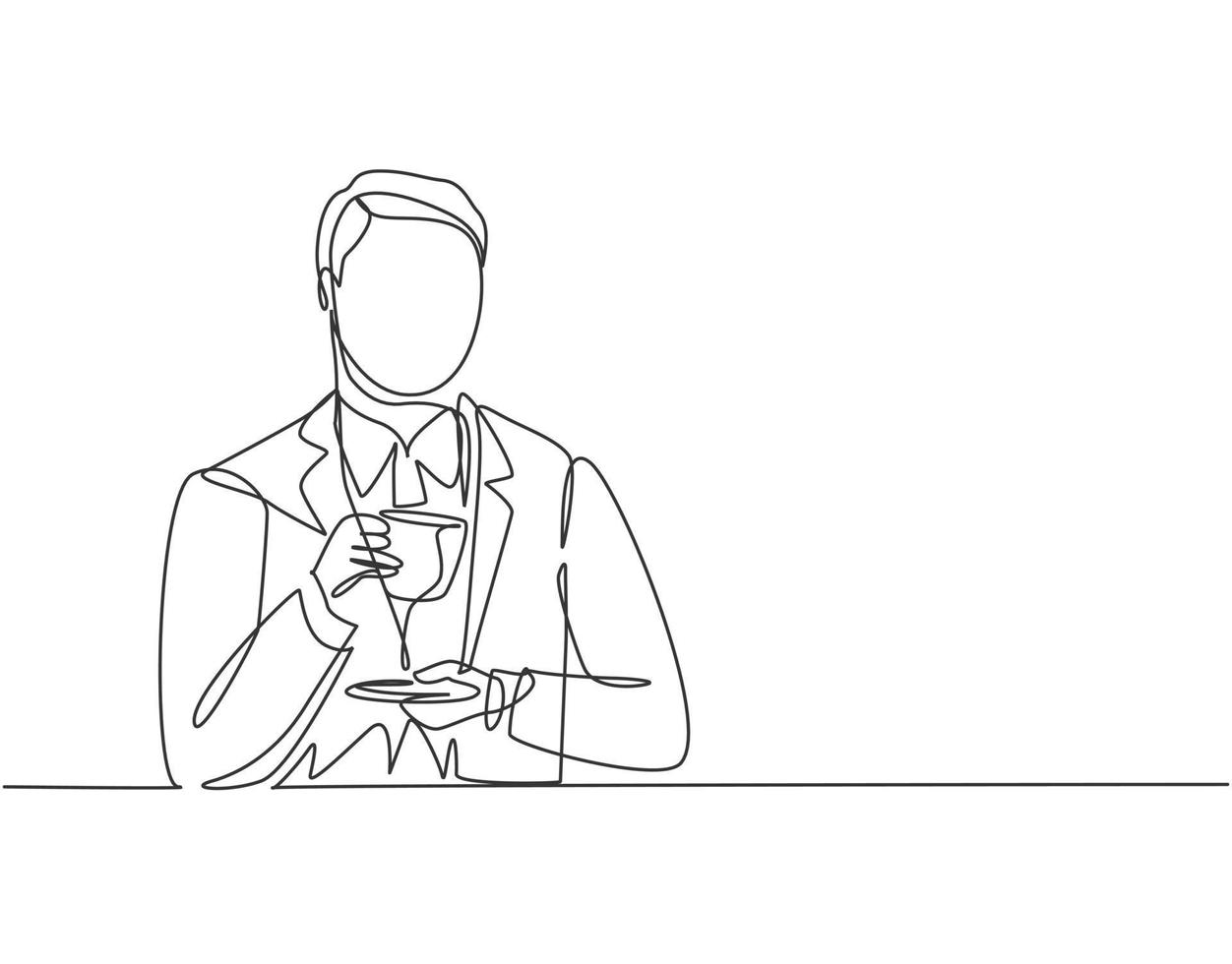 un disegno a tratteggio continuo di un giovane uomo d'affari felice che pensa a idee imprenditoriali mentre si gode e tiene in mano una tazza di caffè. bere caffè o tè concept design grafico illustrazione vettoriale