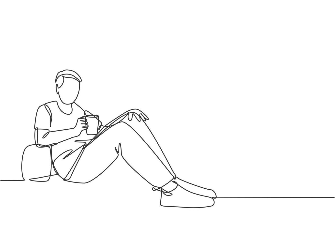 un disegno a tratteggio continuo di un giovane uomo d'affari felice che si riposa sdraiandosi sul divano mentre tiene in mano una tazza di caffè. bere o tè concetto linea singola disegnare segno design illustrazione vettoriale