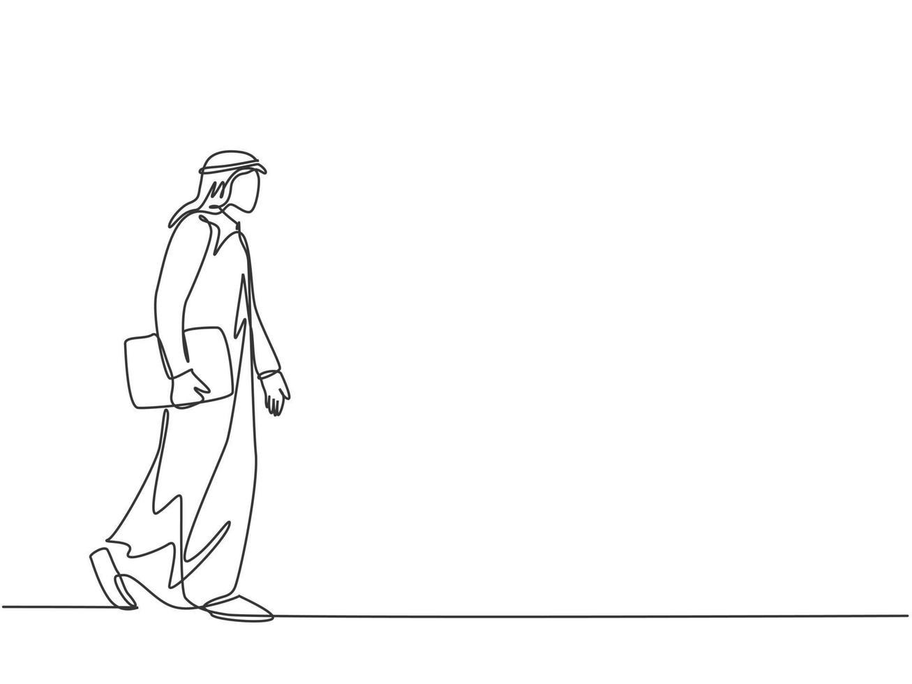 un unico disegno di giovani lavoratori musulmani maschi felici che camminano di fretta per prendere l'autobus. shmag di stoffa dell'arabia saudita, kandora, foulard, ghutra. illustrazione vettoriale di disegno di disegno di linea continua