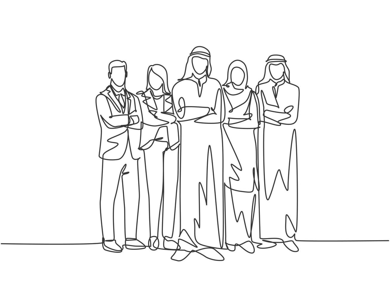 un unico disegno a linea continua di giovani dipendenti musulmani maschi e femmine si allineano insieme in ufficio. arabo medio oriente panno shmagh, thawb, hijab. illustrazione vettoriale di disegno di una linea di disegno