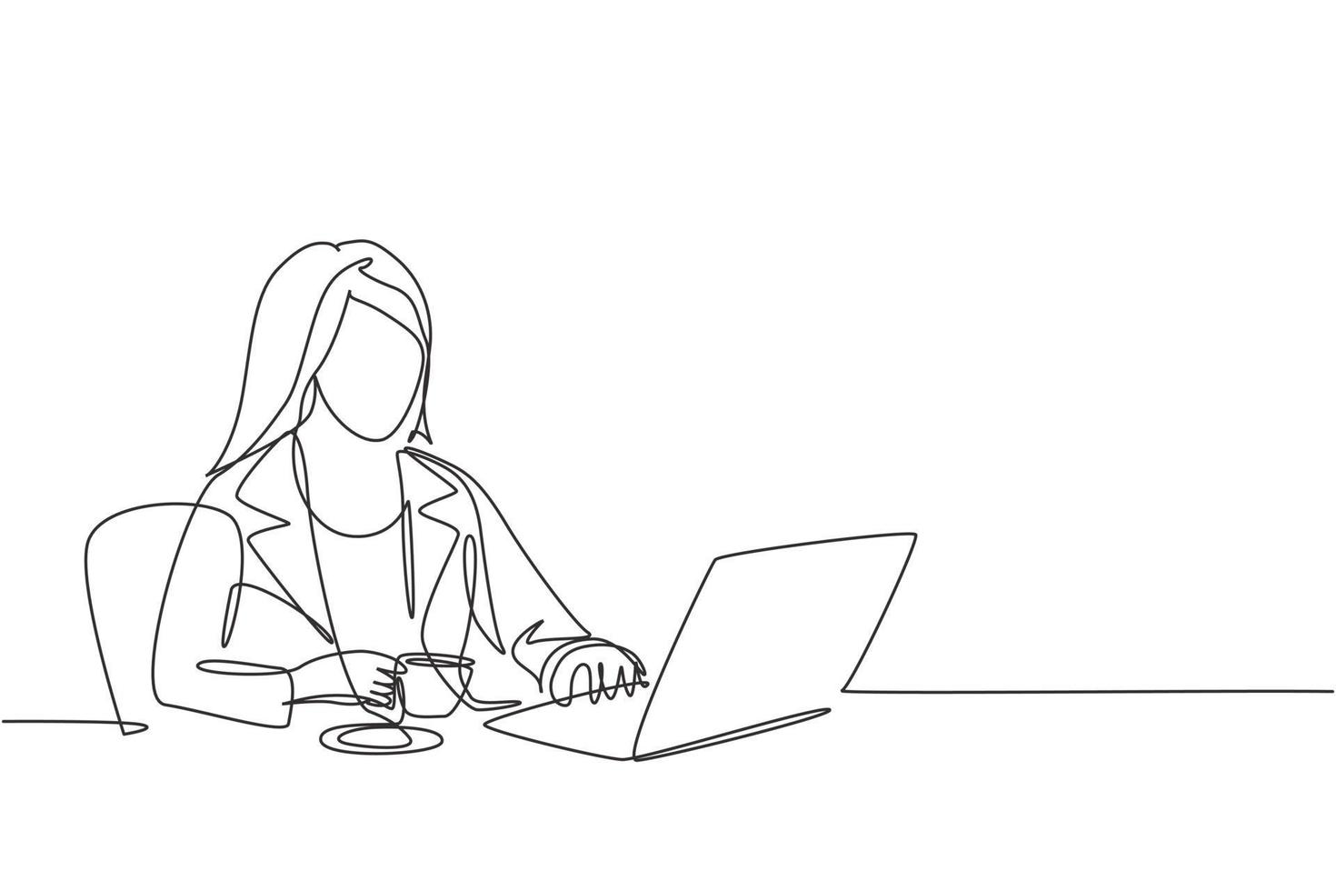 disegno a linea continua di una giovane donna d'affari che digita bozze di idee imprenditoriali sul laptop mentre tiene una tazza di caffè in ufficio. bere il tè concetto una linea disegnare illustrazione grafica vettoriale design