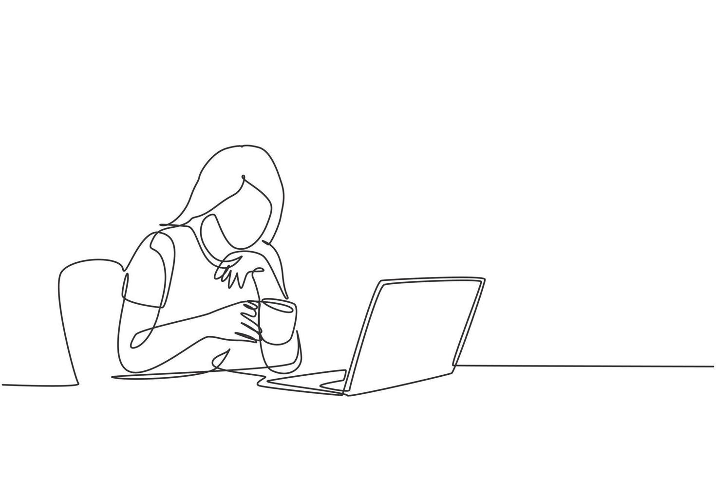 un unico disegno a tratteggio di una giovane impiegata che fissa il laptop e pensa a idee di innovazione aziendale. bere caffè o tè concetto linea continua disegno vettoriale illustrazione grafica