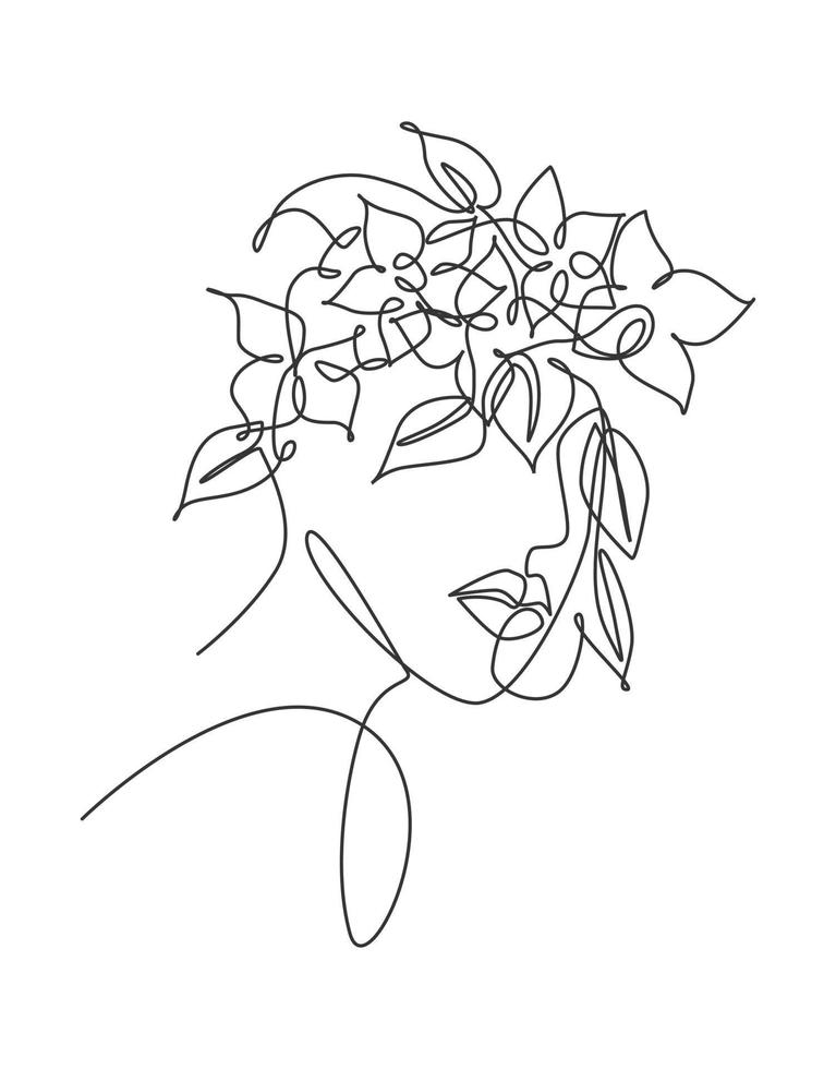 singola linea continua disegno bel viso di donna con fiori. concetto di stampa botanica di bellezza della natura per la stampa della decorazione della parete. ritratto minimalista. illustrazione grafica vettoriale di design di una linea di tendenza alla moda