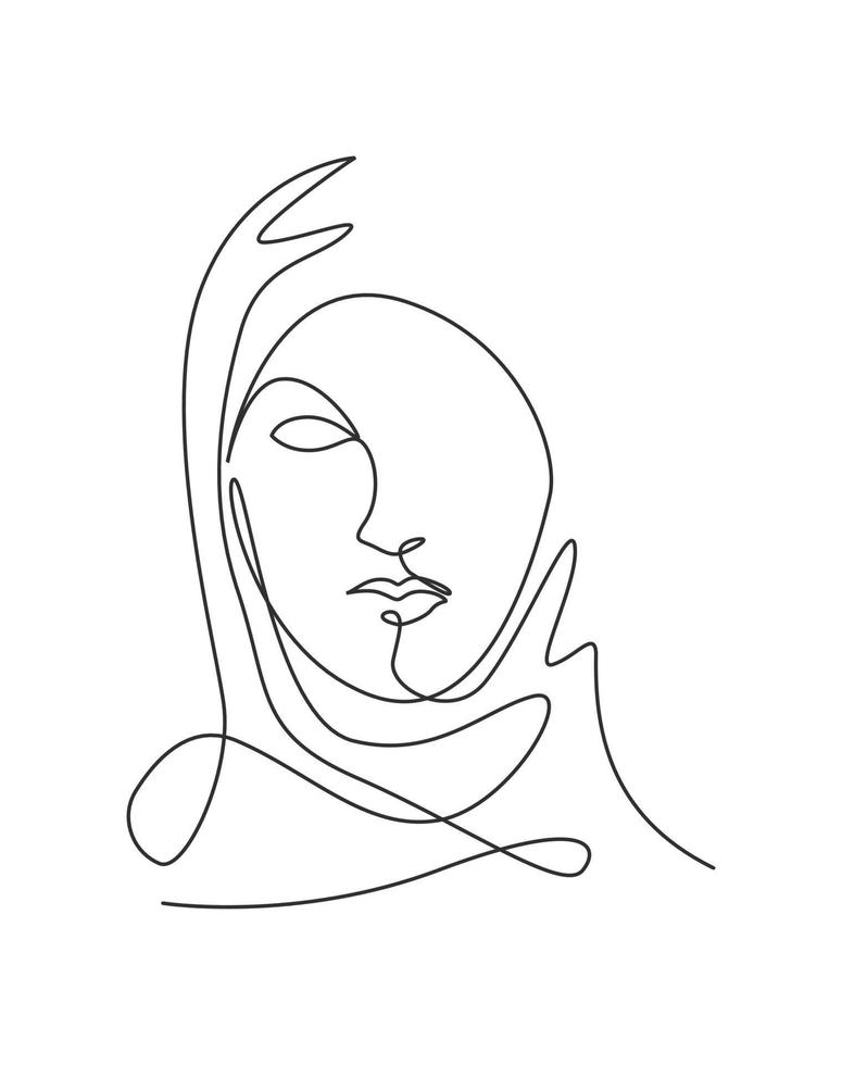 singola linea continua disegno bellissimo ritratto estetico donna viso astratto. bella silhouette femminile nel concetto di stile minimalista hijab. illustrazione grafica vettoriale di design di una linea di tendenza alla moda